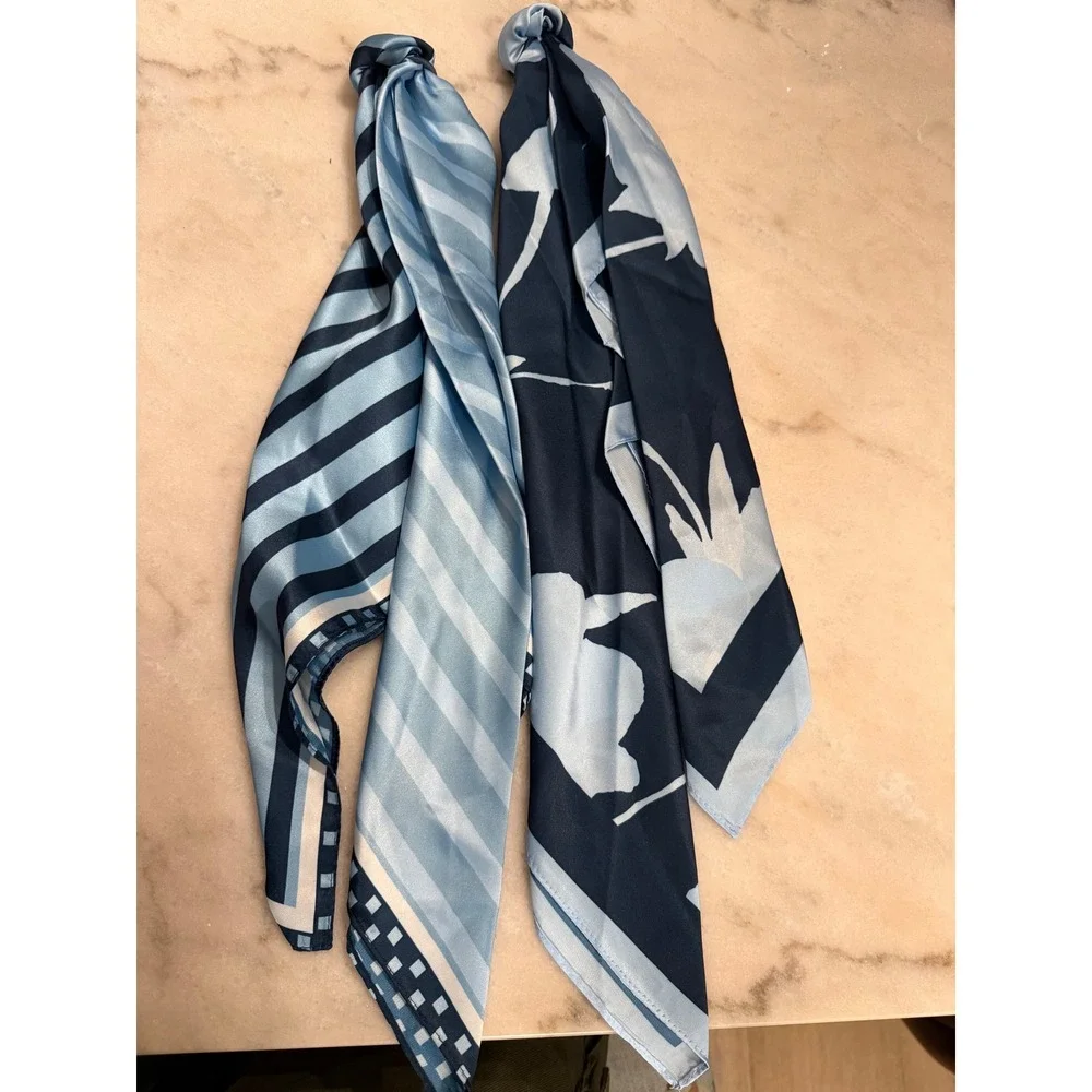 Anthropologie Blue Scarf Set 2 Geometric Floral Striped Neck‎ hair Scarves NWOT